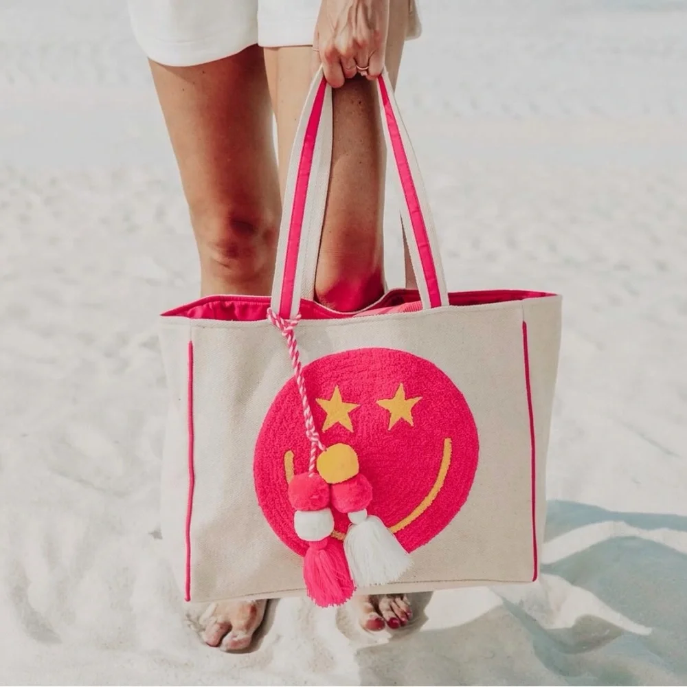 NWT Katydid Hot Pink Star Eye Smiley Face Canvas Tote Beach Travel Bag
